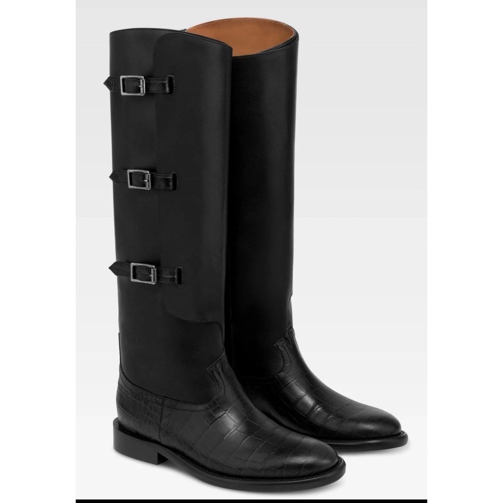 Paris Texas Womens Black Leather Croc Embossed Triple Buckle Riding Boots Sz 8